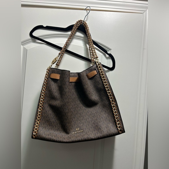 Large Michael Kors Mina Brown & Chestnut Logo Satchel with Gold Hardware - Picture 3 of 8